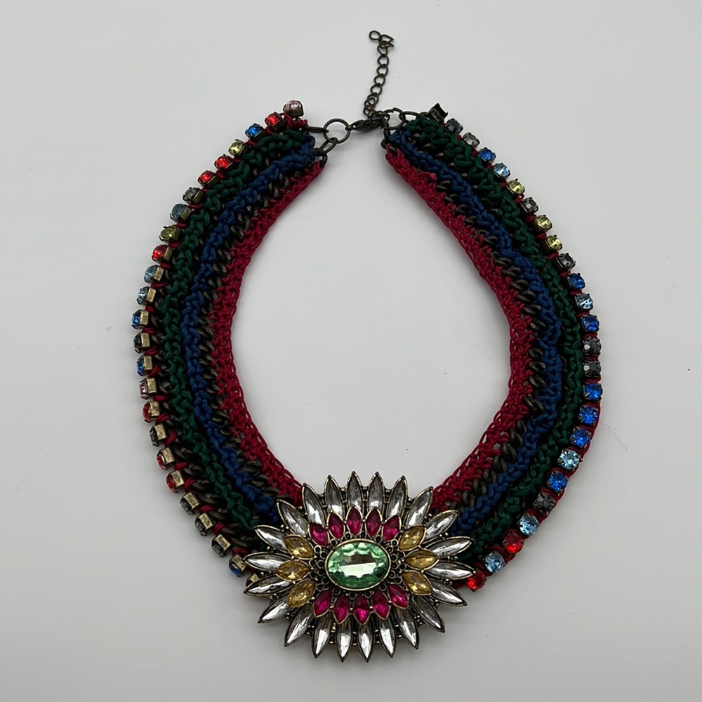 Zara Choker Necklace Vintage Green, Blue, Red Thread Multicolor Rhinestones